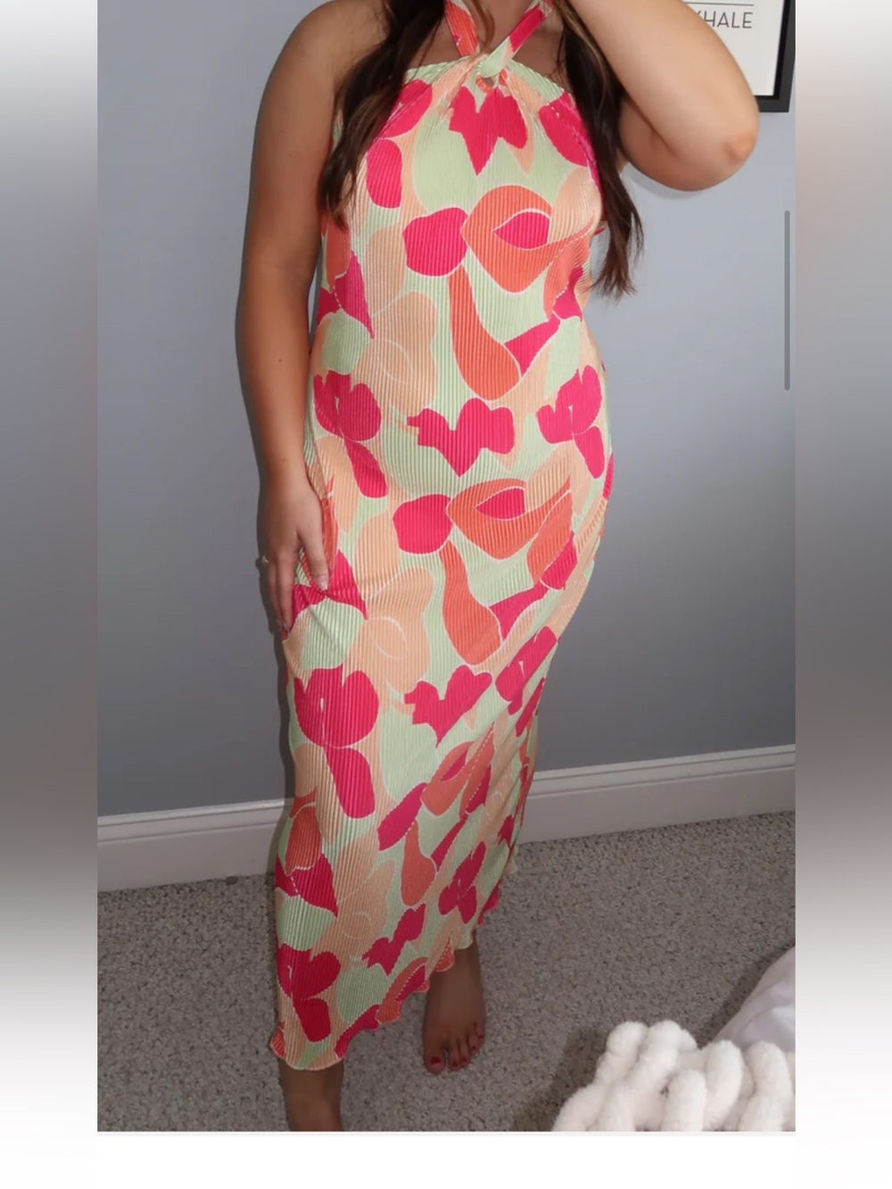 Backless Halter Midi Dress in Pink & Peach Floral